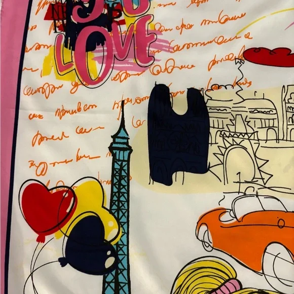 Magnolia Paris Print Scarf Eiffel Tower Pink Silk Feel Square Novelty Women - Picture 5 of 7